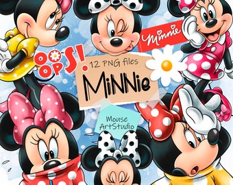 Op de afbeelding: Een set van 12 digitale illustraties met Minnie Mouse in verschillende poses. De afbeeldingen zijn in cartoon-stijl en tonen Minnie Mouse in haar kenmerkende rood-witte geblokte jurk en strik. De afbeeldingen zijn perfect voor gebruik in digitaal scrapbooken, kaartmaken en andere creatieve projecten.