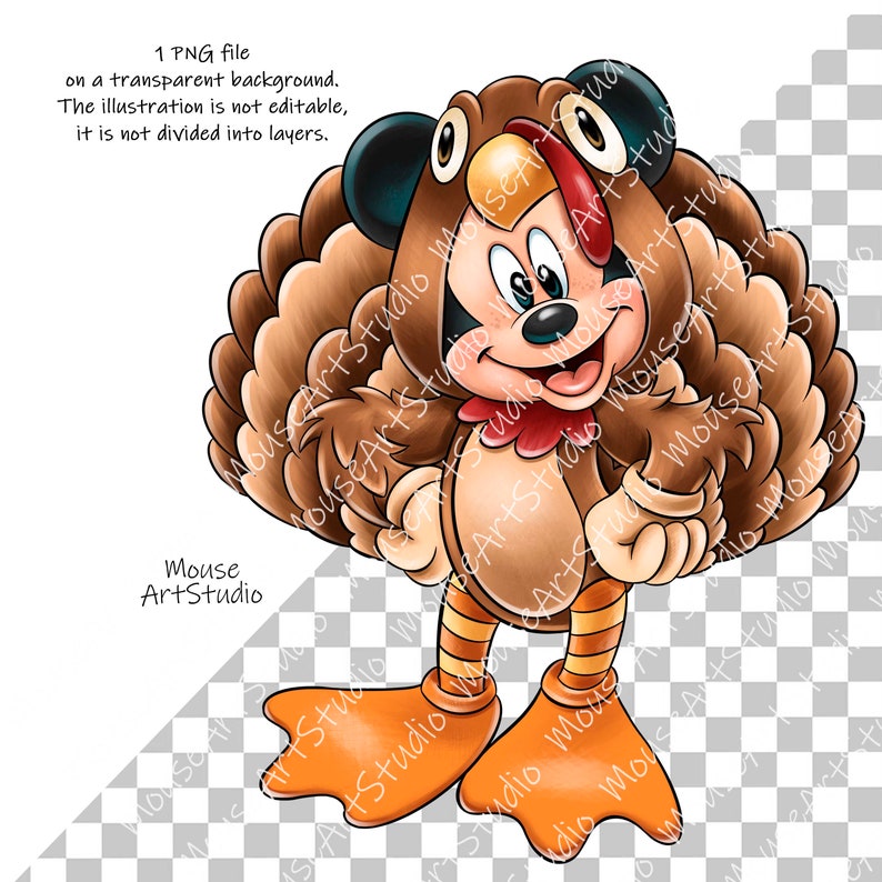 May include: A cartoon mouse wearing a brown and orange turkey costume. The mouse is standing on a transparent background.