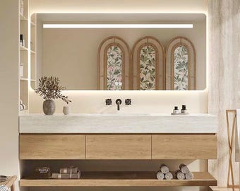 Wandhängendes Waschbecken-Set - Sinterstein - Travertine look,mit Spiegel, Unterschrank, Ablage Ablauf, ohne Armaturenloch 【RW9865-BKK】