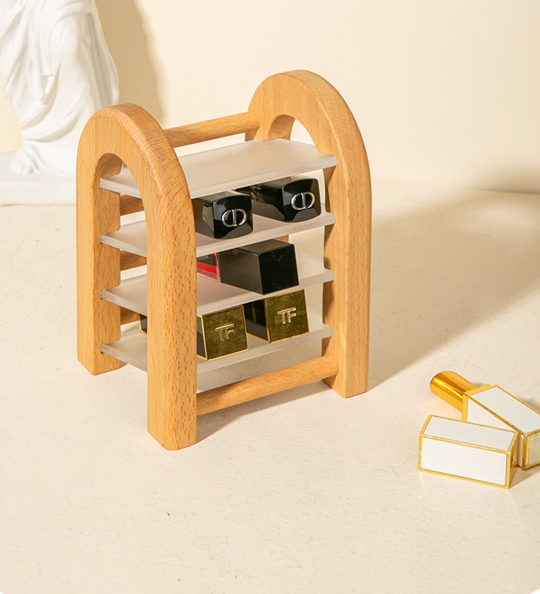 Wooden Desktop Shelf, Red Lip Glaze Lipstick Multilayer Storage Shelf