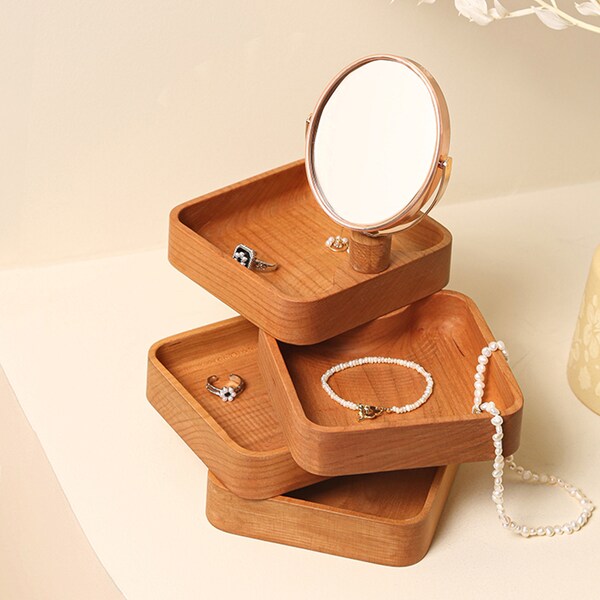 Solid wood jewelry box rotatable with mirror, jewelry storage box