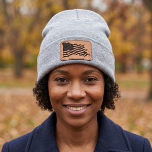 American Flag Leather Patch Beanie: Custom Cuffed Toque