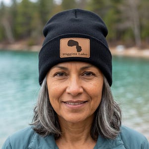 Higgins Lake Leather Patch Beanie: Custom Cuffed Knit Hat