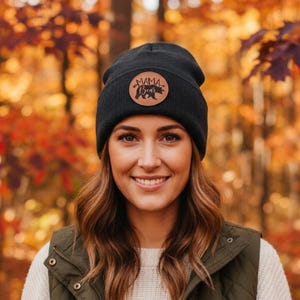 Mama Bear Beanie: Custom Leather Patch Cuffed Knit Hat
