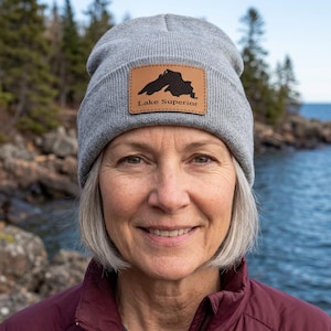 Lake Superior Leather Patch Beanie - Custom Cuffed Knit Hat