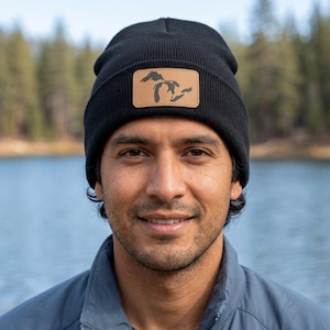 Michigan Beanie with Custom Faux Leather Patch, Unisex Toque