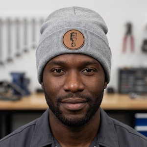Piston Custom Beanie: Leather Patch Cuffed Knit Hat