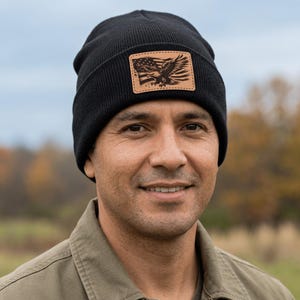 American Flag Eagle Leather Patch Beanie: Personalized Cuffed Knit Hat