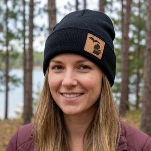 Michigan Native Leather Patch Beanie: Custom Cuffed Beanie