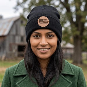 American Flag Leather Patch Beanie: Solid Cuffed Knit Hat