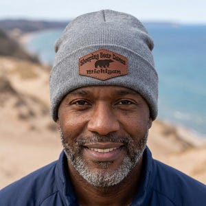 Sleeping Bear Dunes Beanie: Custom Leather Patch Cuffed Knit Hat