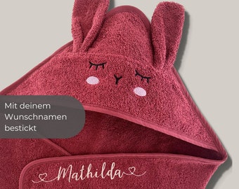 Kapuzenhandtuch mit Namen bestickt, Hase, Baby Kapuzenbadetuch, Rot, Perfektes Geschenk zur Geburt, Babyhandtuch