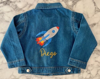 Veste en jean « Rocket » personnalisée | Veste en jean personnalisable avec nom | Cadeau pour enfants en bas âge