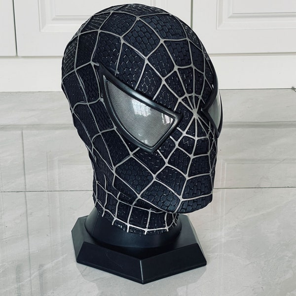Customized Sam Raimi Spiderman Mask, Black Spiderman Mask Cosplay Adults with Faceshell&3D Rubber Web, Wearable Movie Prop Replica
