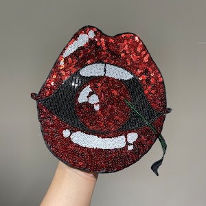 Lips Cherry Sequins Sew on patches for Vintage Clothes Back Applique or Christmas Decoration and embroidered Hoodies patch