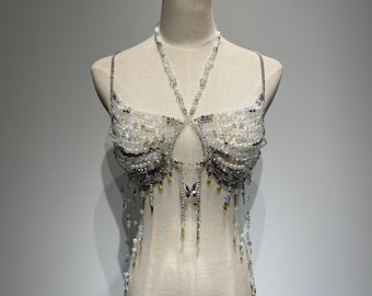 Boho Pearl Beaded Bikini Bra – Sparkly Handmade Crystal Bra with Sparkling Tassel & Butterfly Accent