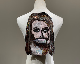 Shimmering Sequined Jesus Head Sew on Patch - Ideal for DIY Clothing and Accessory Projects - Easy to Attach - Express Your Faith in Style!