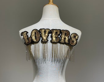 Gouden strass franje liefhebbers pailletten patch kralen kwastjes appliqué naai patches voor vintage kleding terug | Gepersonaliseerde huwelijkscadeau