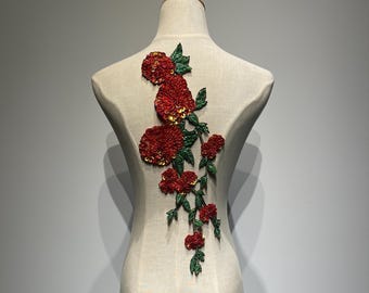 Red 3D Floral Applique – Hand Beaded Embroidery Patch with Sequins for Bridal Dress, Performance or Wedding Crafting