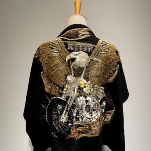 Gold Eagle Riding Motorcycle Appliqué – Extra Large Patch with Sequin Embroidery and Metallic Beadwork for Jackets and Vests