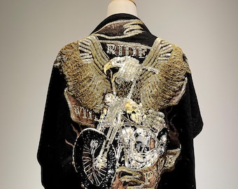 Goldene Motorrad Applikation Adler – Extra großer Aufnäher mit Pailletten-Stickerei und Metallic-Perlenstickerei für Jacken und Westen