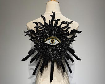 Oversized Black Evil Eye Sequin Patch for Jacket Back | Gothic Embroidered All-Seeing Eye Iron-On Applique | Dark Punk Grunge Clothing DIY