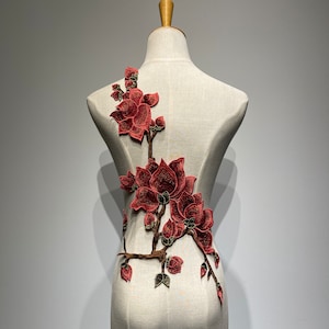 Large Embroidered Red Flowers Appliqué - Statement Floral Embellishment