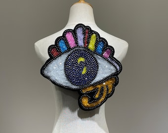 Large Handmade Rhinestone Eye of Horus evil patch with beads Colorful Rainbow Eyelash and Pearls Sew on patches Applique for denim jackets