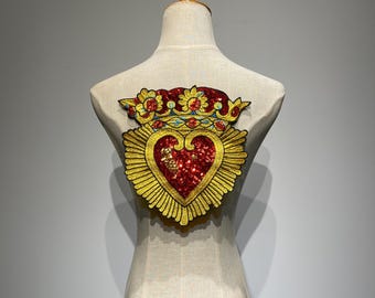 Parche grande de Sagrado Corazón con lentejuelas rojas, parches para coser, bordado barroco dorado para ropa vintage, espalda o chaquetas, apliques para coser, decoración