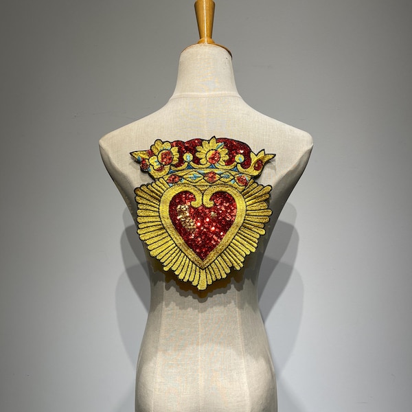 Large Sacred heart Patch Red Sequins Sew on patches Baroque Gold embroidery for Vintage clothes Back or jackets sew on Applique decoration