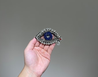 Handmade Rhinestone Tearful Evil Eyes beaded patch for Vintage Clothes sew on patches with Crystal Denim jackets Silver Applique