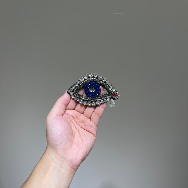 Handmade Rhinestone Tearful Evil Eyes beaded patch for Vintage Clothes sew on patches with Crystal Denim jackets Silver Applique