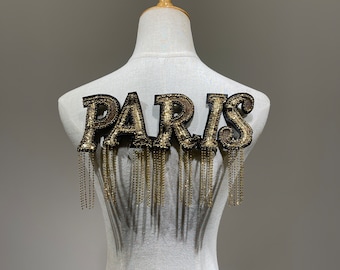 Rhinestone tassels Paris Gold Sequins Sew on patches for clothes back patch Embroidered beaded patch Applique decoration