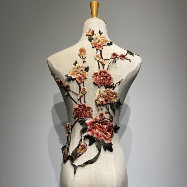 Vintage Botanical Embroidery Applique – Oversized Peony & Rose Inspired Floral Patch for Clothing or Jacket back