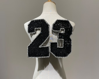 Handmade Lucky Number Rhinestone Sequins patch for Vintage clothes back or denim jackets and hoodies 23 Applique sew on patches accessory