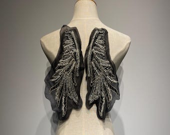Black Beaded Wing Appliqué – Rhinestone and Pearl Mesh Patch for Dresses, Gowns & Costume Design