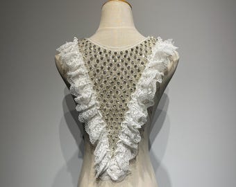 Beaded Rhinestone Lace Collar Appliqué – White Bridal Neckline Embellishment for Dresses, Gowns & Couture Design