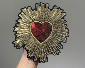 Sequins Sacred heart Iron on patches for Vintage clothes back or Denim Jackets patch embroidery Gold sequin Applique Christmas decoration