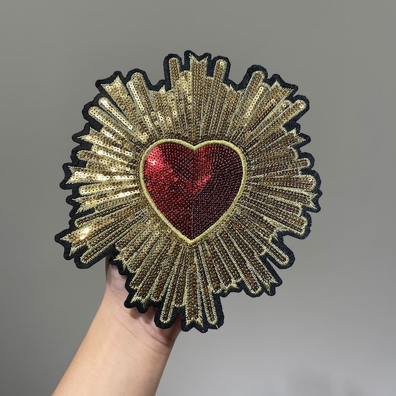 Sequins Sacred Heart Iron on Patches for Vintage Clothes Back or Denim  Jackets Patch Embroidery Gold Sequin Applique Christmas Decoration 