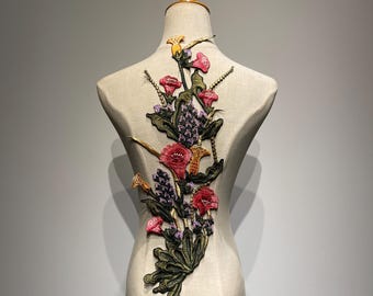 Oversized Colorful Floral Patch – Embroidered Applique with Vine Flowers Look – Morning Glory Inspired