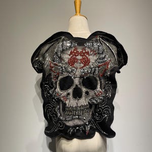 Oversized Gothic Skull Patch – Hand Beaded Silver Evil Head with Dark Horror Embroidery for Jackets & Vests - unique applique