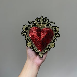Toppa Termoadesiva Cuore Con Paillettes E Strass Rosso 9 Cm - Applique Da Cucire O Stirare