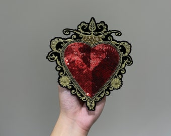 Sacred heart Sequins patch 80s embroidery design Baroque for Vintage clothes beaded Applique DIY fashion sew on patches Christmas decoration