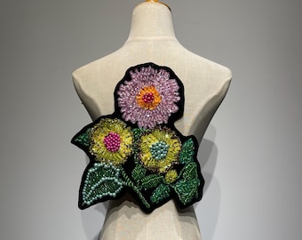 Large Beaded Flower Patch, 3D Floral Applique with Sparkling Rhinestones, Sequins & Pearls, 31x29cm Handmade Sew-on Patch for Jacket Back