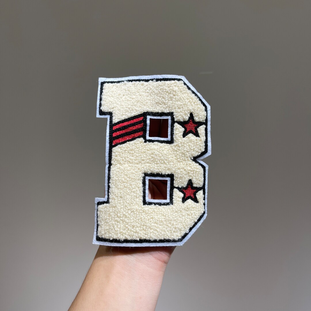 Fancy White Old English Alphabet Letter 'B' Embroidered Iron-On Patch