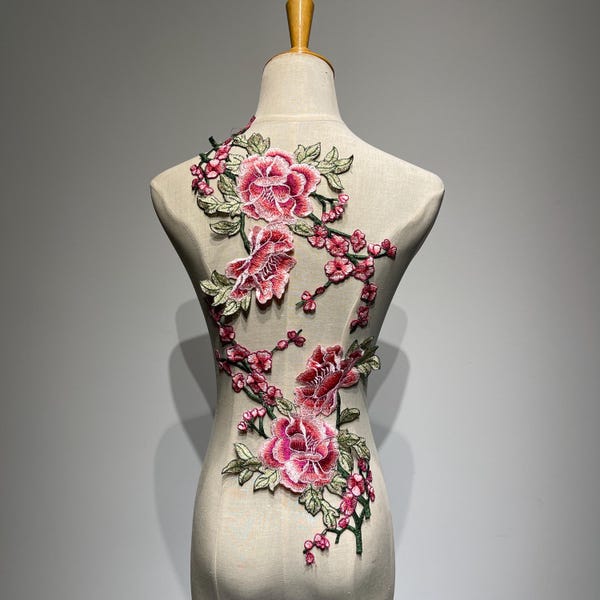Toppa ricamata con peonia rosa - Applicazione floreale per abiti da bambina - Motivo a foglie botaniche