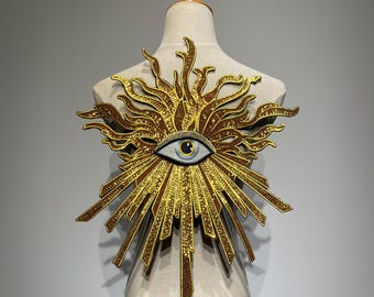Parche bordado de ojo malvado dorado místico brillante / Aplique termoadhesivo de ojo que todo lo ve con lentejuelas de gran tamaño para chaquetas y parte trasera de mezclilla