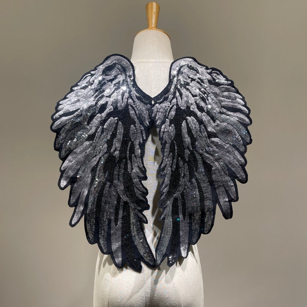 Large Silver Angel Wings Sequined Sew on patch for Vintage Clothes Back or costume Applique Gray and Black sequins embroidered Decoration