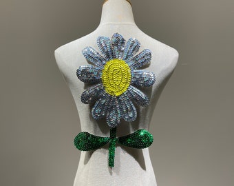 Large Silver Sunflower Sequin Sew On Patch-Stunning Statement Piece for Jackets and Clothing,Handcrafted Embellishment for Boho Festival