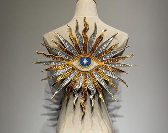 Oversized Gold Evil Eye Sunburst Patch for Jacket Back | Giant Sequin All Seeing Eye Iron On Applique-Burning Sun Mystical Celestial Costume